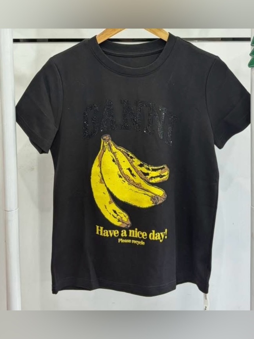 Ganni Black Short-Sleeve Tee with Yellow Banana Graphic